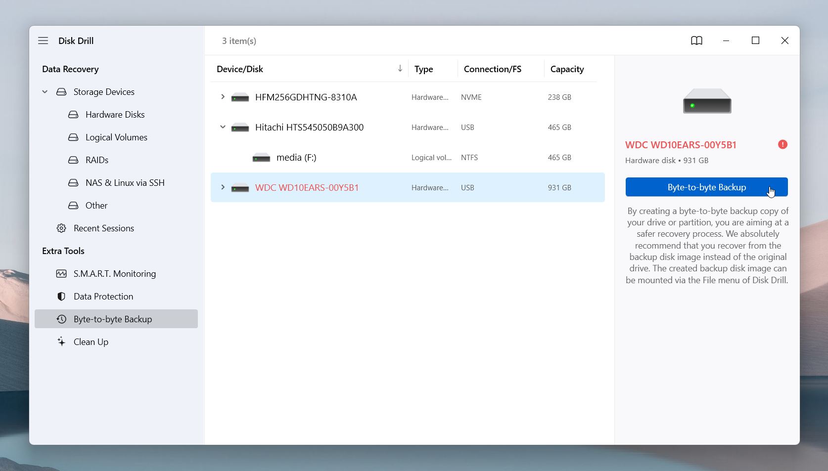 Byte-to-Byte Backup feature in Disk Drill