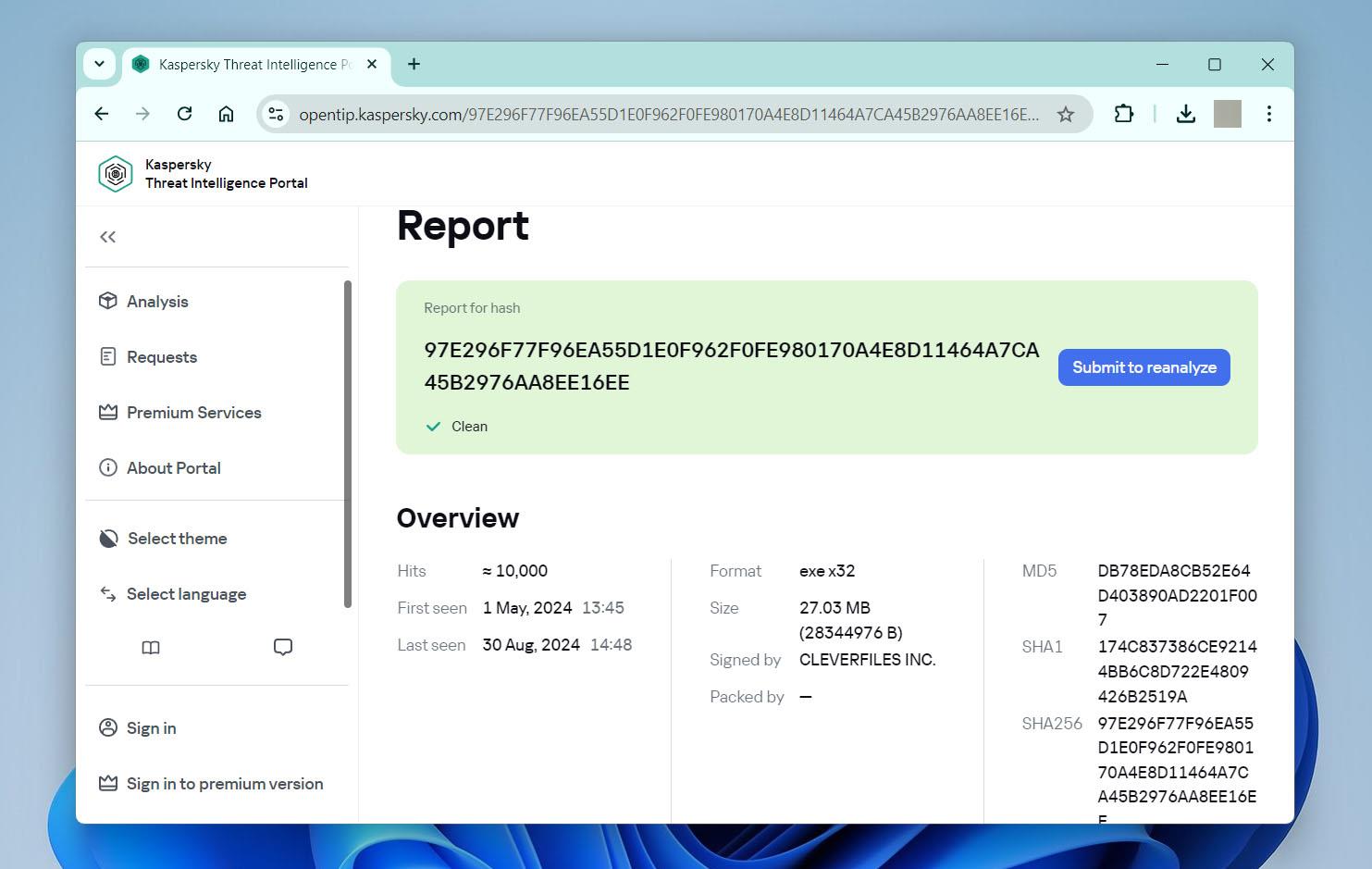 Kaspersky file analysis results