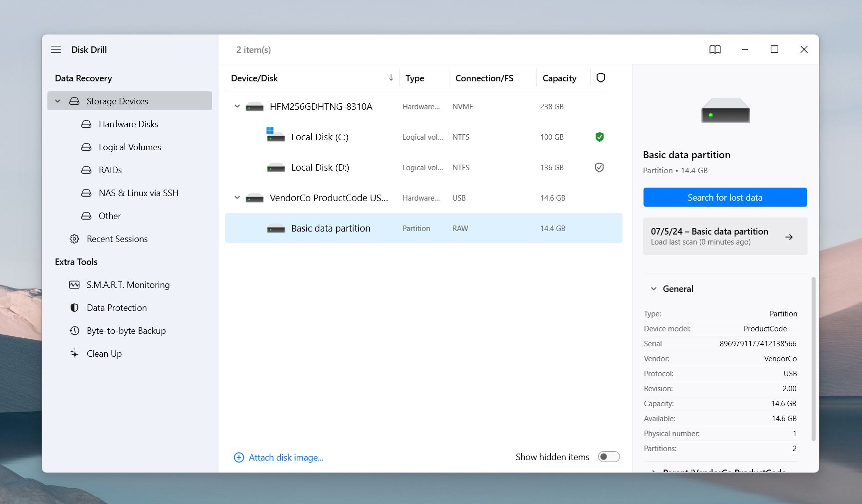 Launching Disk Drill dashboard