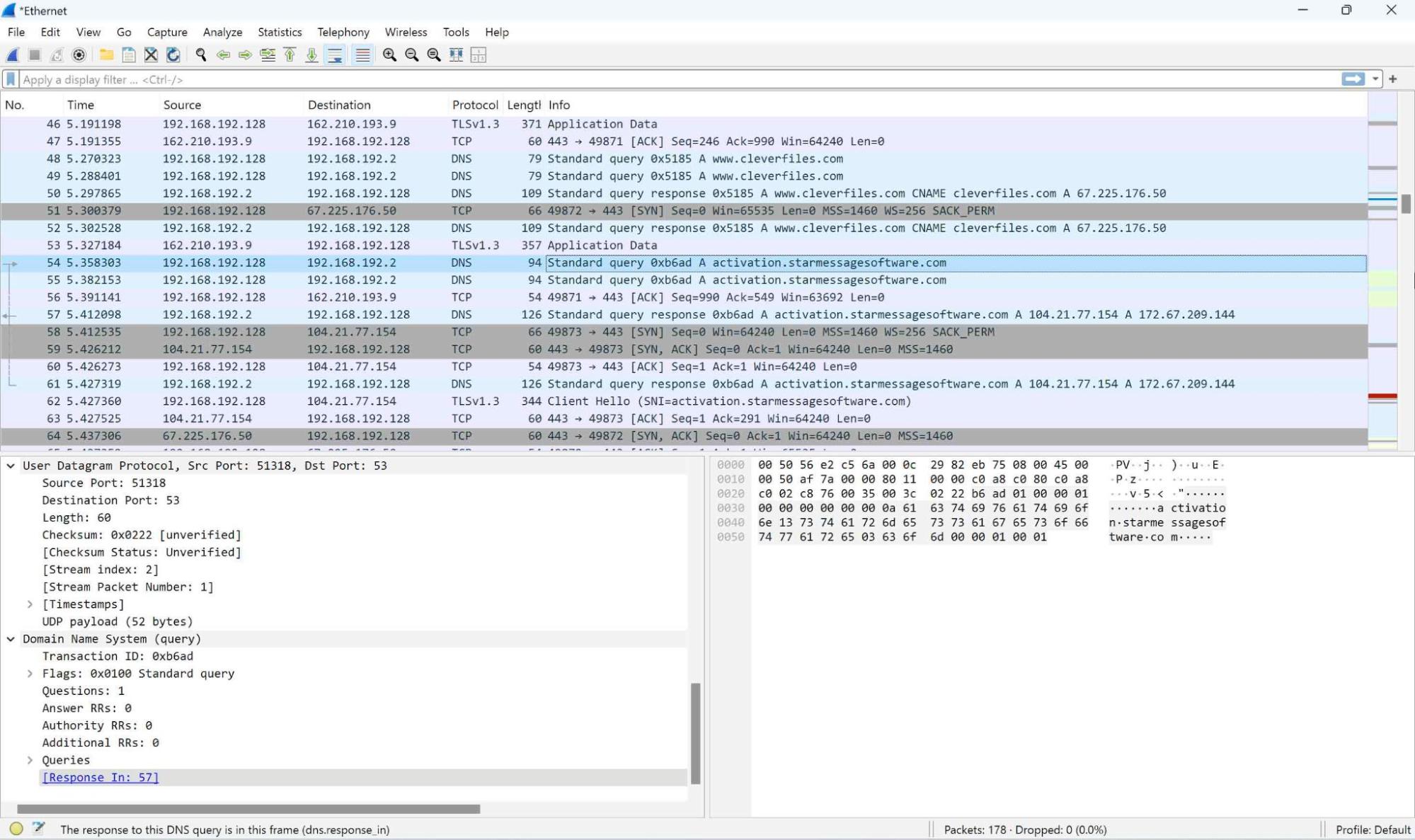 Monitoring data packets with Wireshark