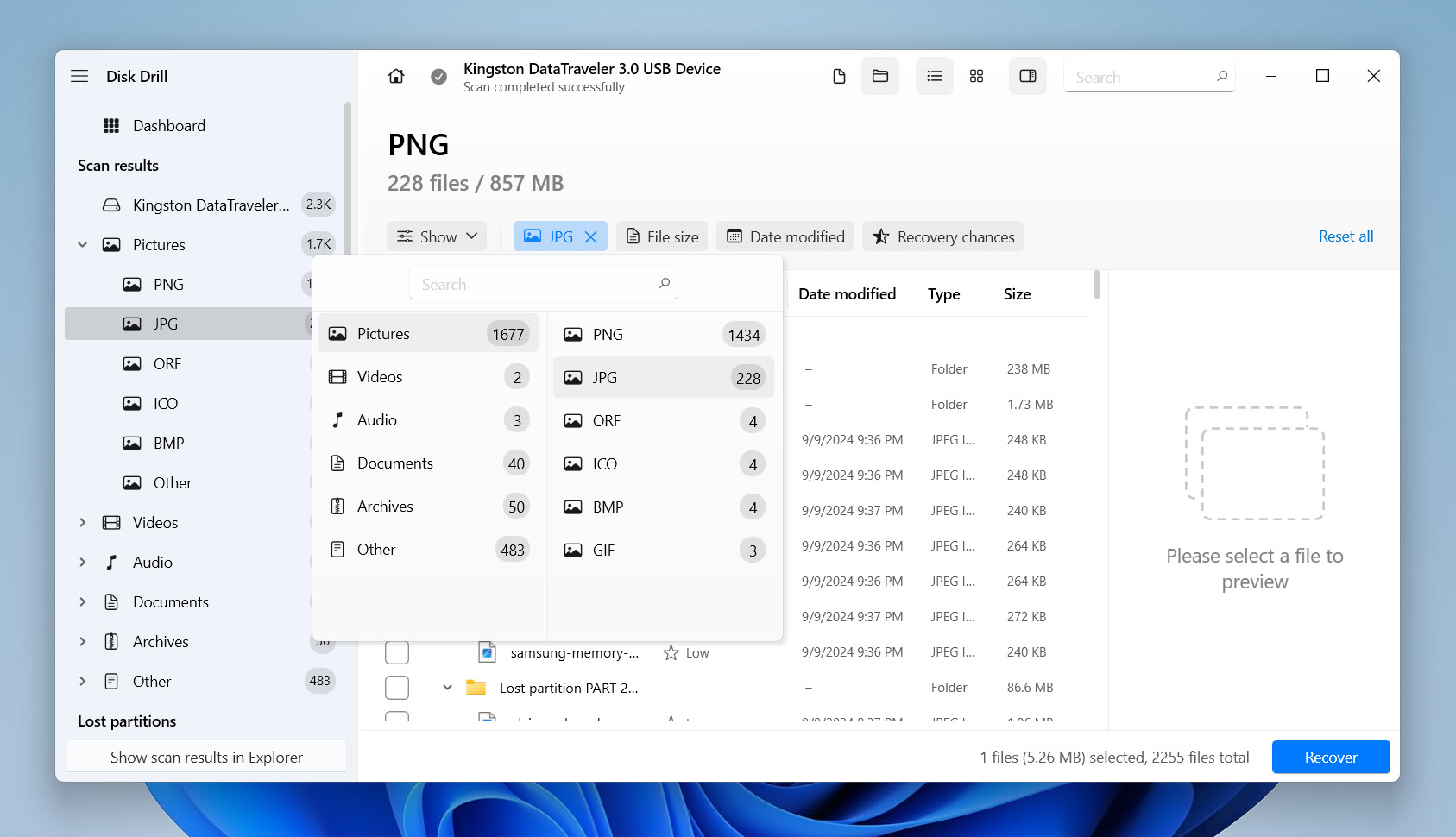 Disk Drill file type selection screen showing various image file formats like PNG and JPG