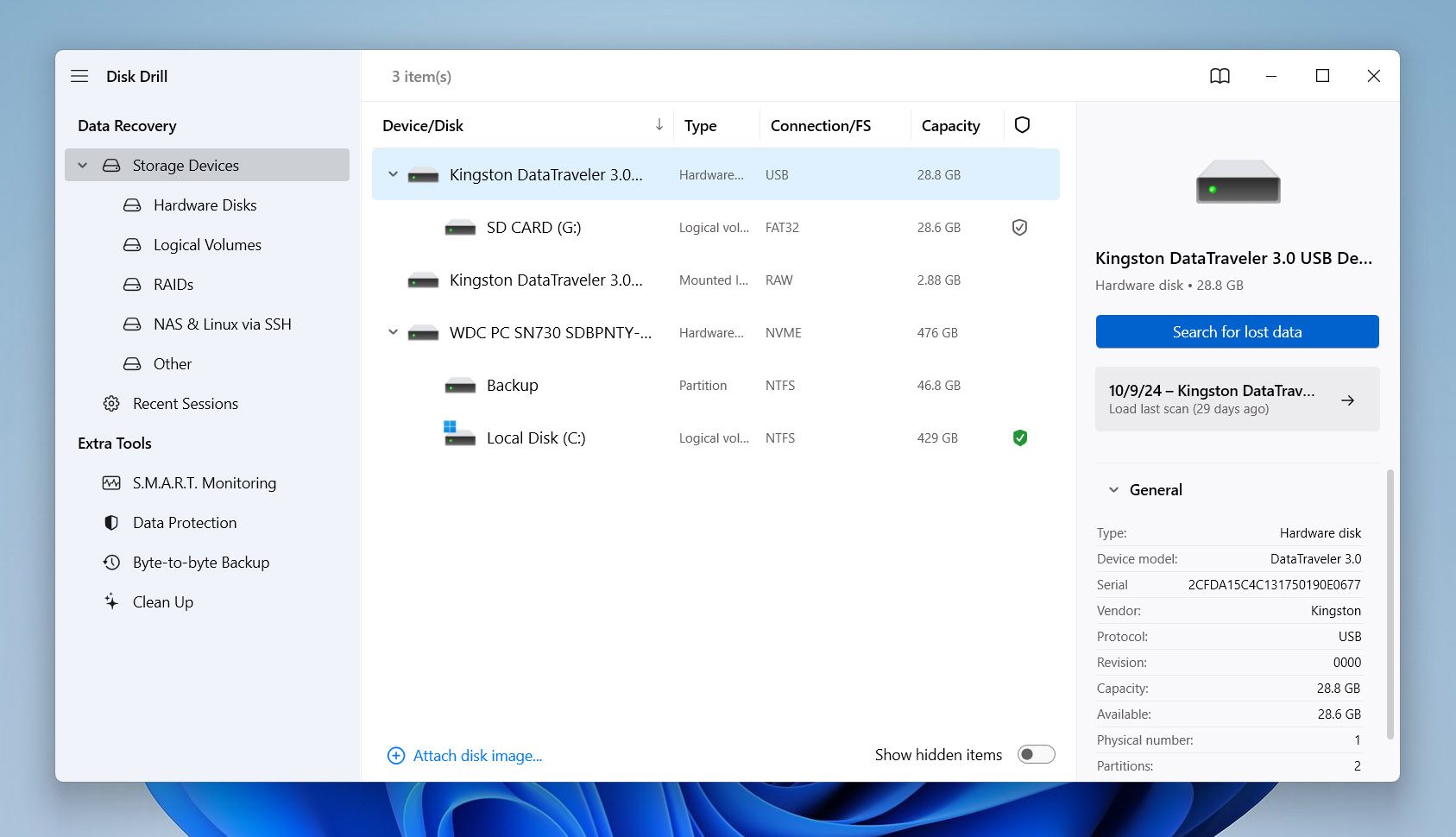 Disk Drill interface showing connected storage devices, including SD cards and external drives