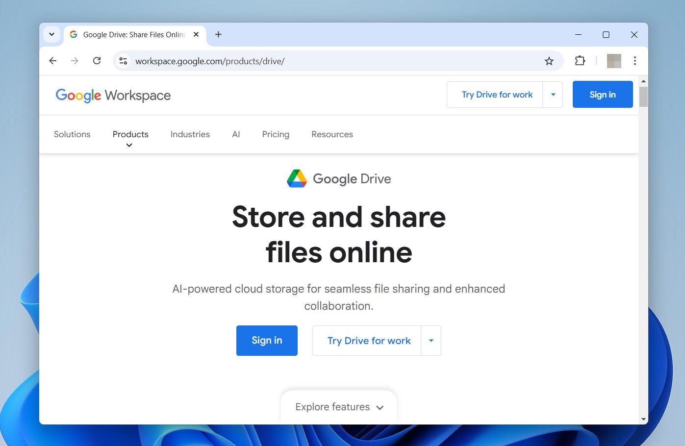 Google Drive homepage inviting users to sign in or try Drive for work