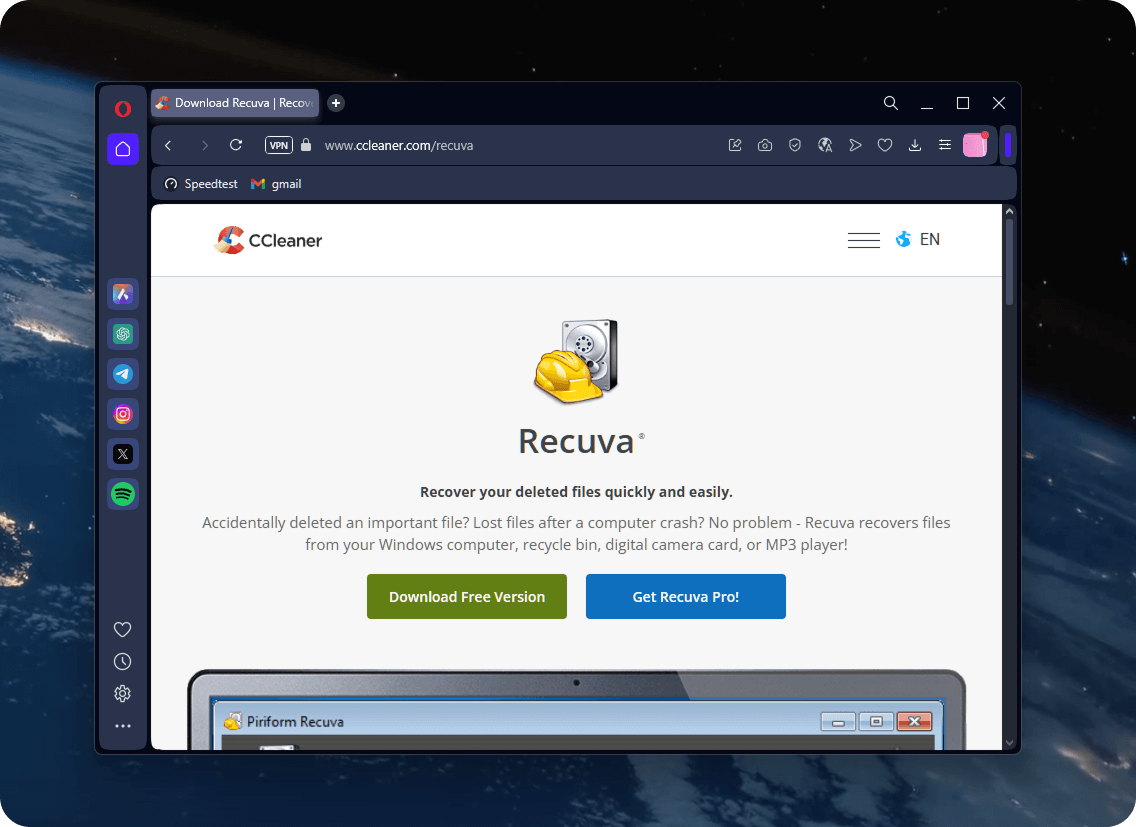 Recuva download page open in the Opera browser
