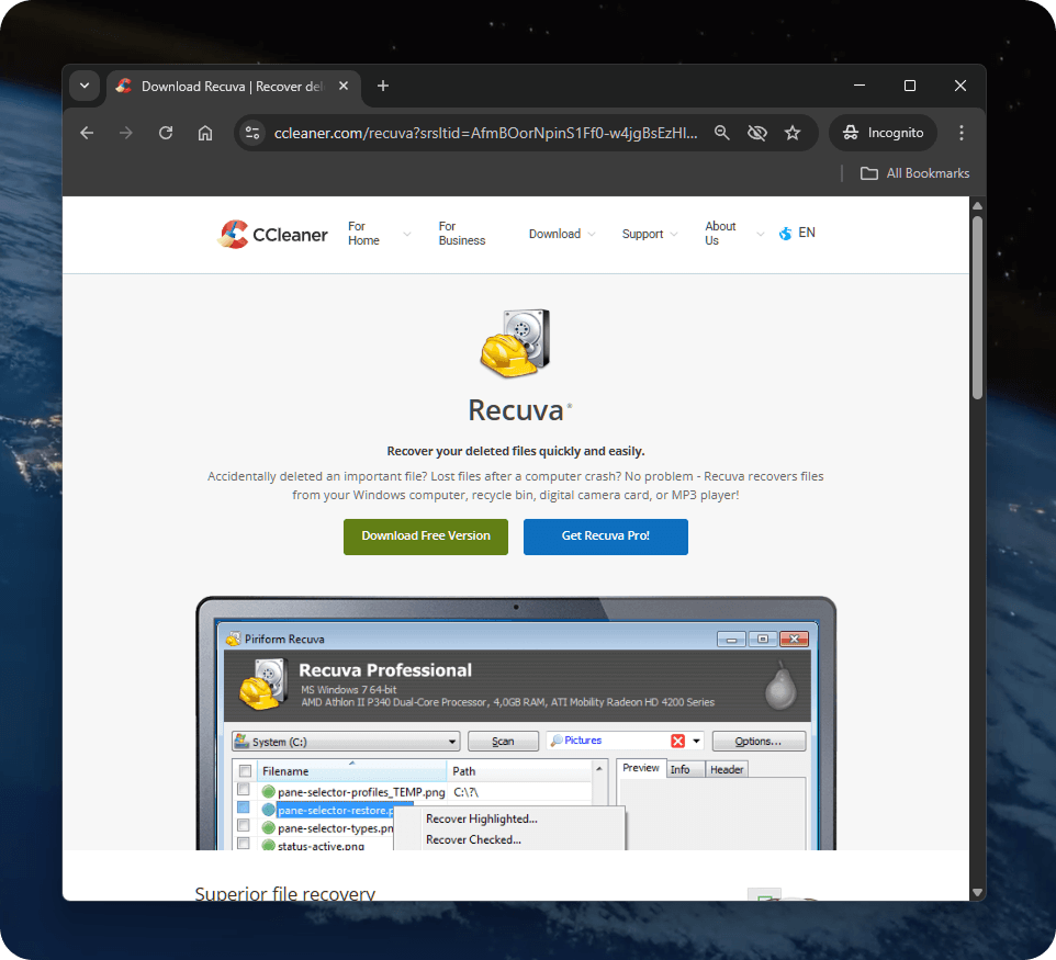 Official CCleaner webpage offering free and Pro downloads of Recuva