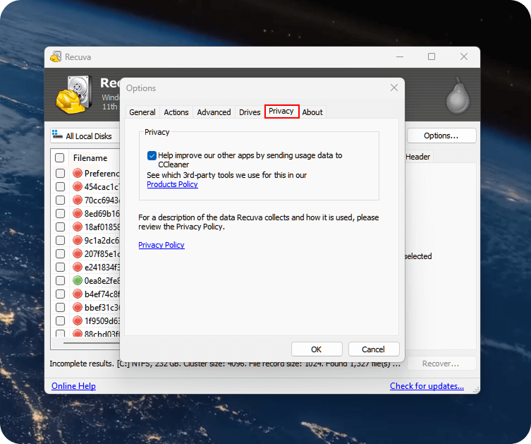 Recuva 'Privacy' settings dialog with the telemetry checkbox visible