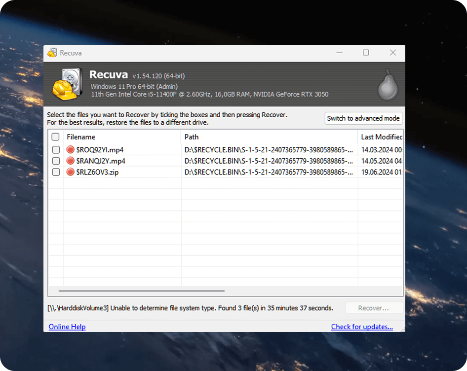 Recuva scan results showing three deleted files from the Recycle Bin
