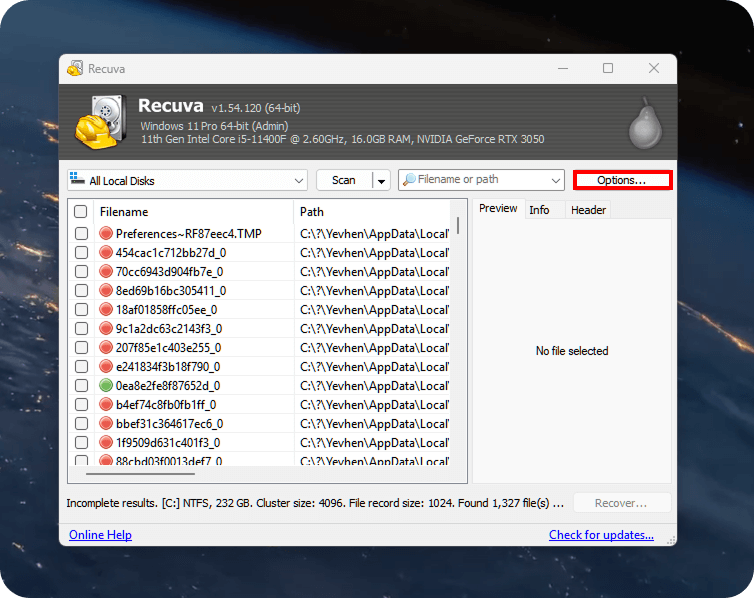 Recuva desktop app displaying scan results with the 'Options…' button highlighted