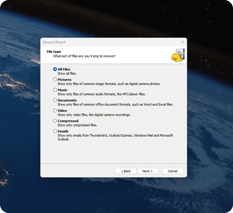 Recuva Wizard file type selection with 'All Files' chosen
