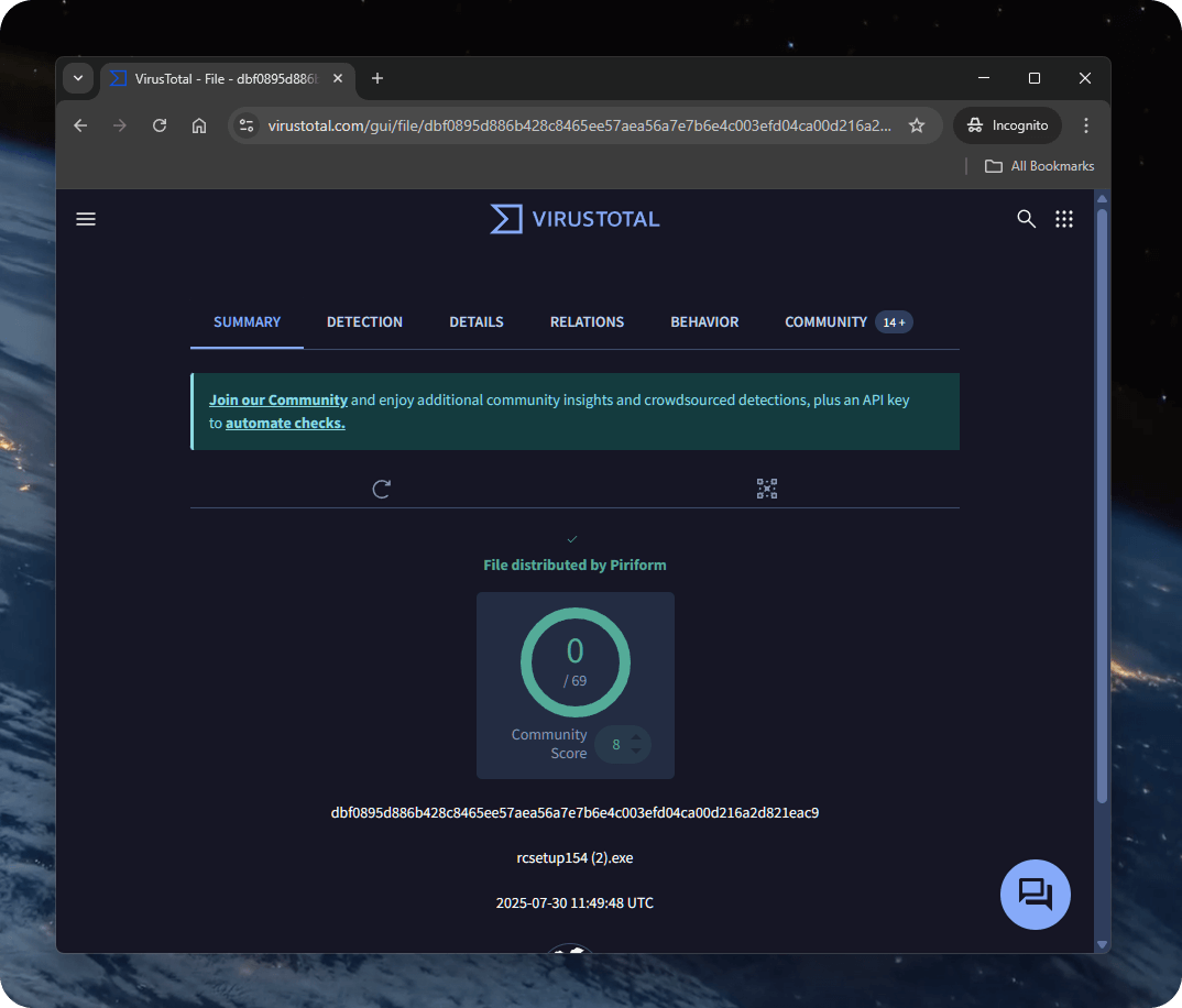 VirusTotal report showing the Recuva installer scanned with 0 detections