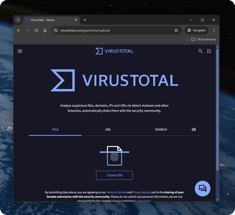 VirusTotal upload interface open in an incognito browser window, waiting for a file to be selected