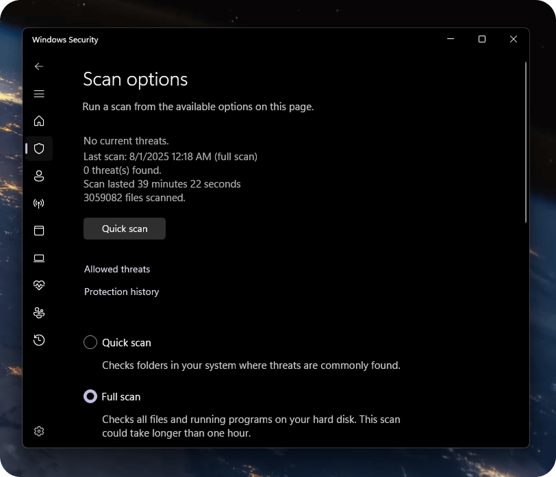 Windows Security 'Scan options' screen showing a completed full-scan with no threats found
