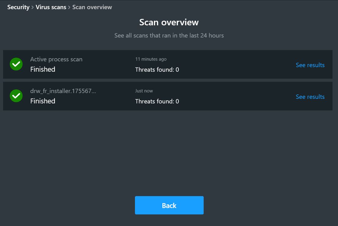 Antivirus scan overview showing active process and installer scans - both clean