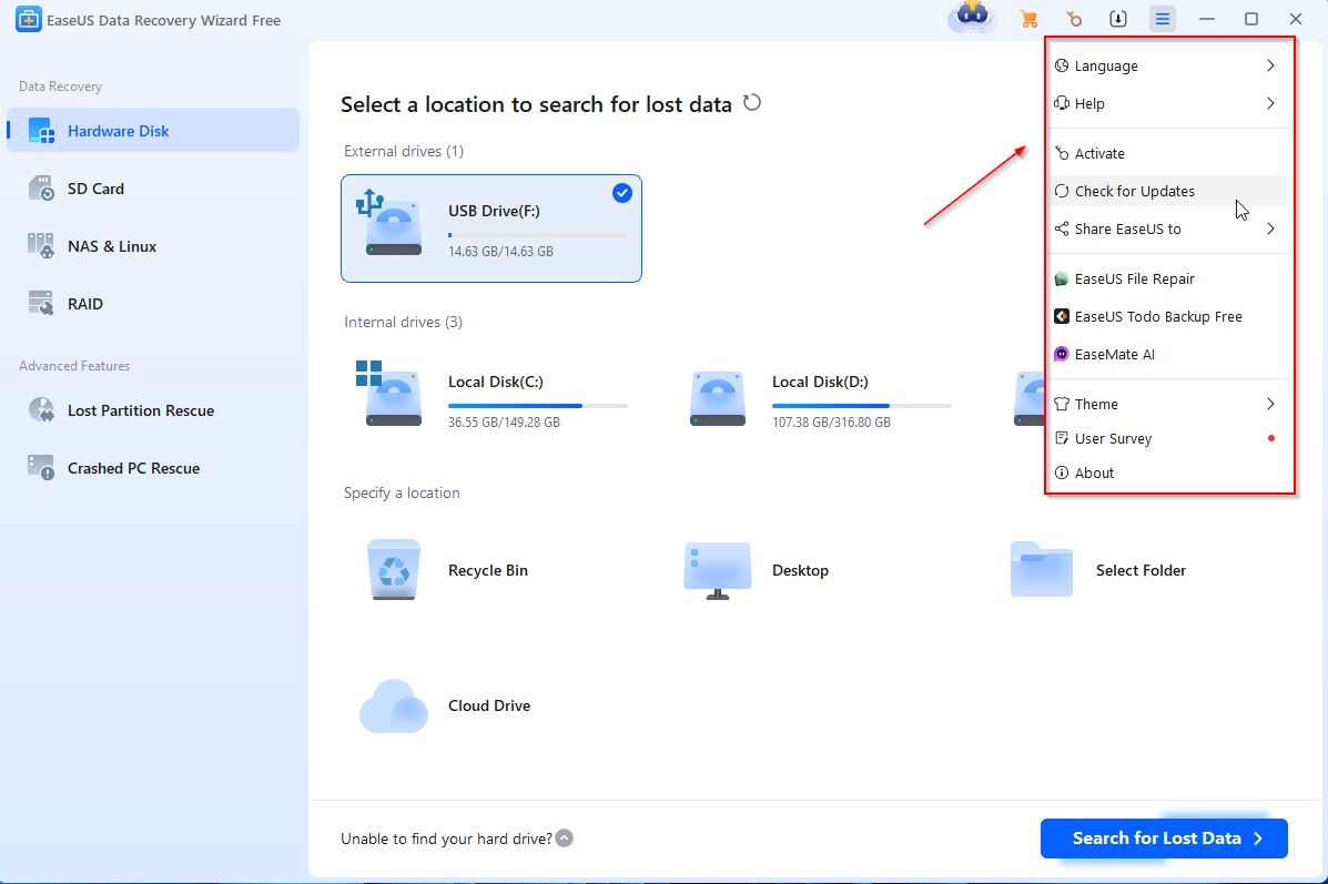 EaseUS Data Recovery Wizard main screen