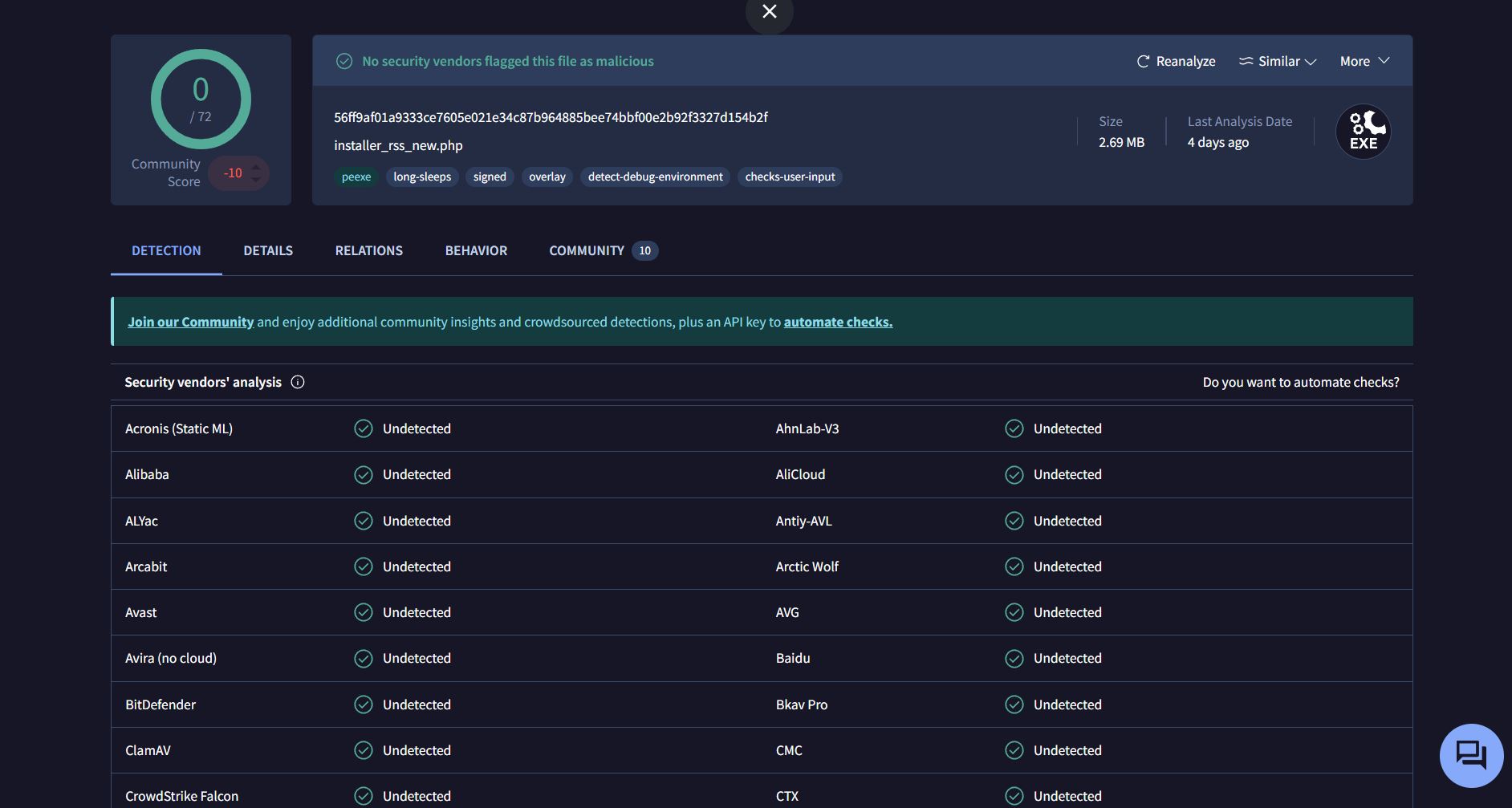 VirusTotal detection results for EaseUS installer showing 0/72 detections