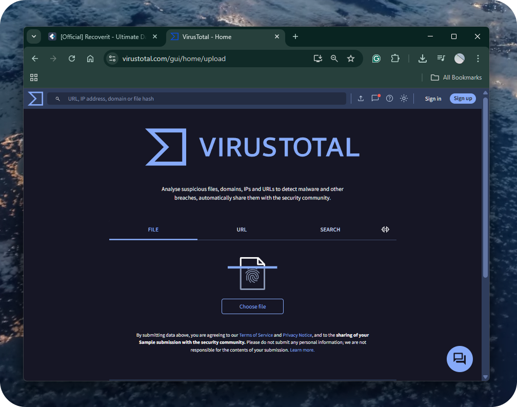 VirusTotal upload page open in a browser