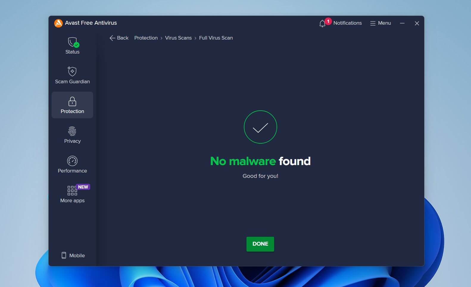 Avast Free Antivirus scan results showing no malware was found