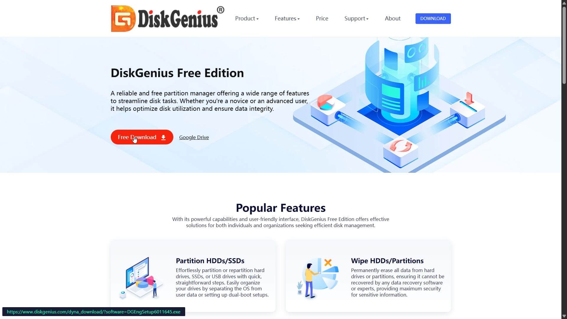 DiskGenius Free Edition download page highlighting its partition management features
