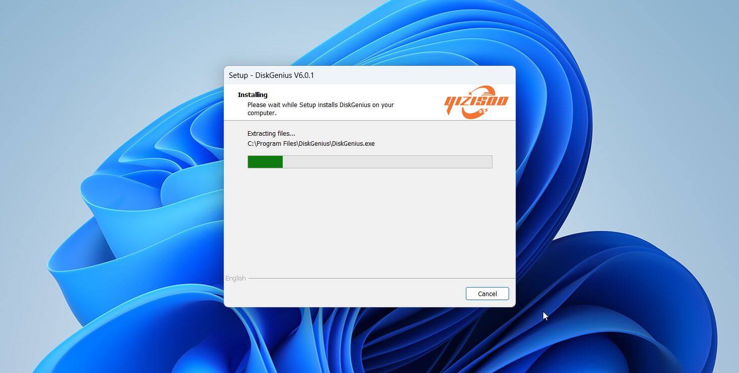 DiskGenius software installation window showing files being extracted