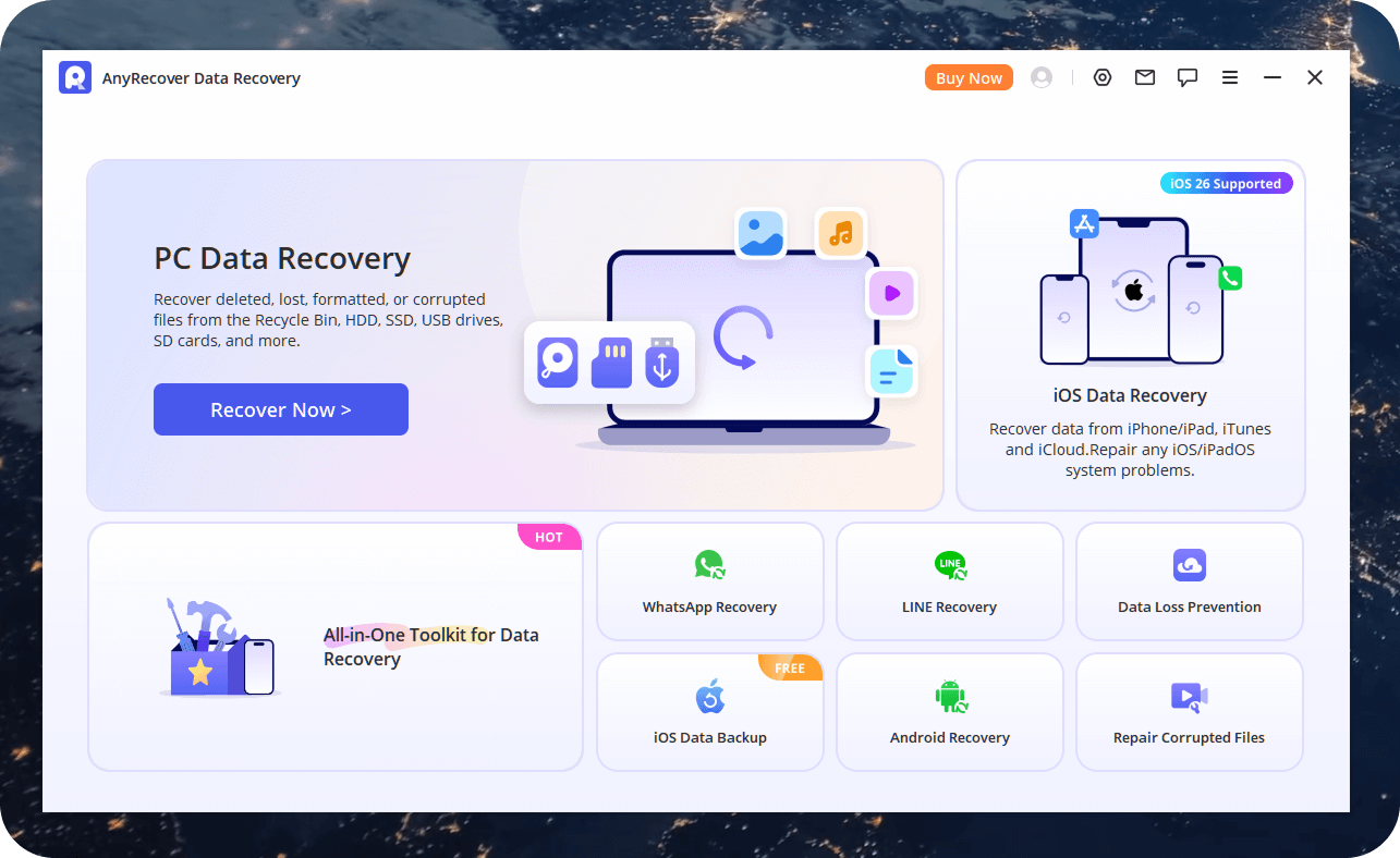 AnyRecover Data Recovery main dashboard