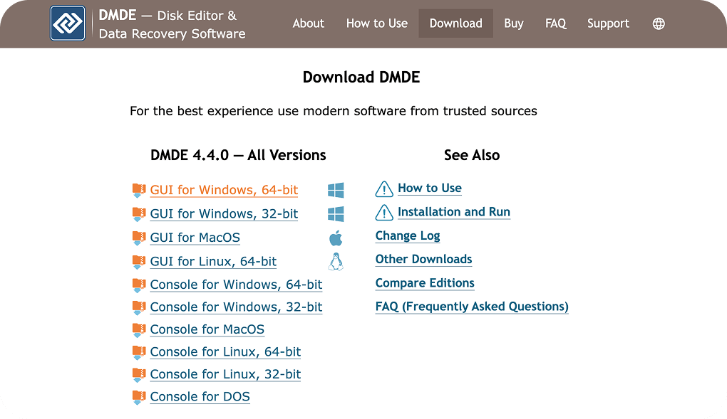 DMDE Download page listing GUI and Console builds for Windows, macOS, and Linux