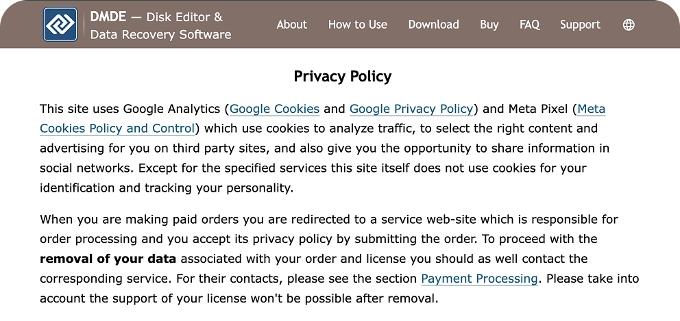 DMDE Privacy Policy page describing Google Analytics and Meta Pixel usage and explaining data removal via the payment processor