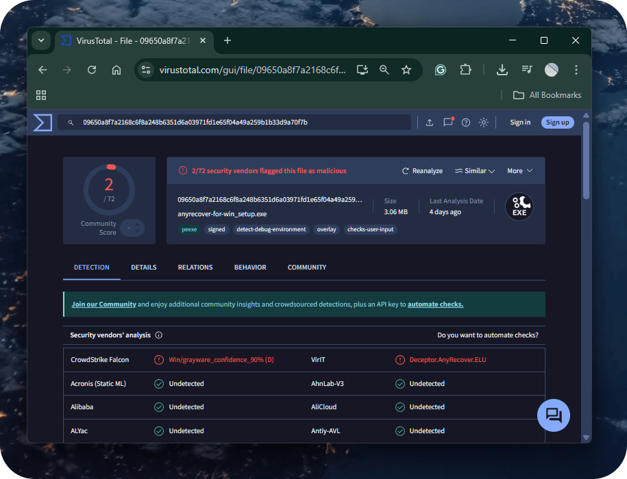 VirusTotal results for anyrecover-for-win_setup.exe, showing 2/72 engines flagging the file and the vendor list below